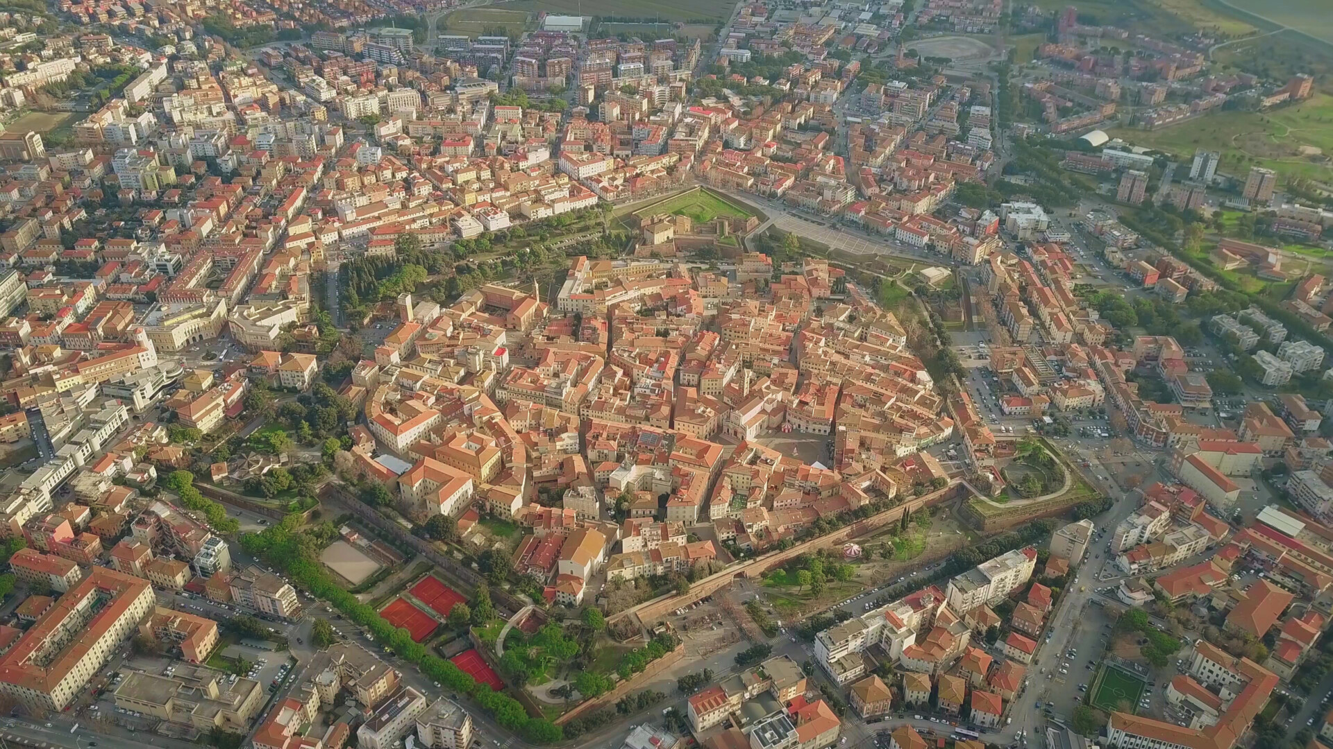Aerial shot of star shaped city of Grosseto. Tuscany, Italy