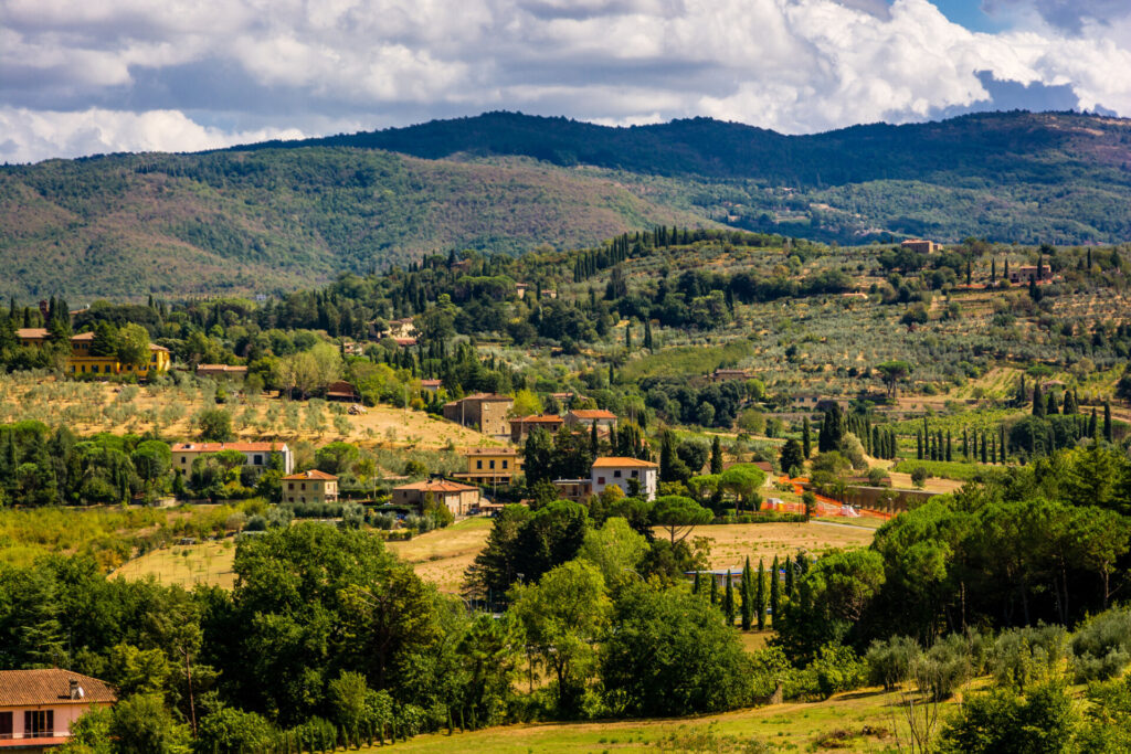 Beautiful landscape view of Arezzo town and suburbs in in eastern Tuscany, Italy