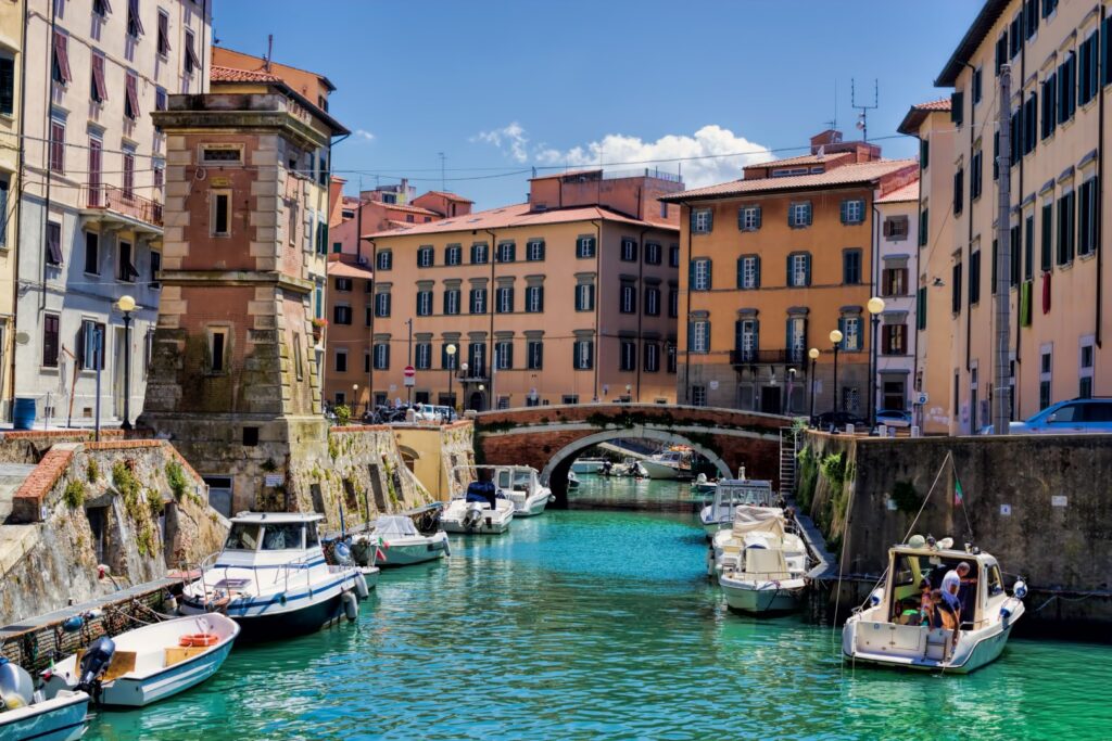Canal in the old town of Livorno, Italy