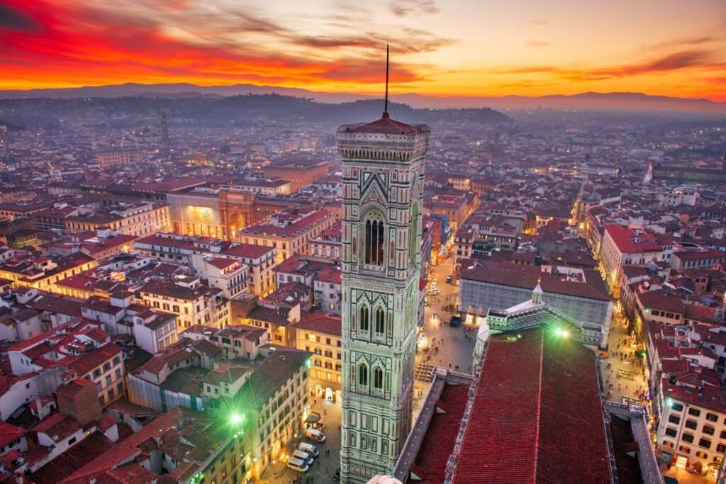 Giottos Bell Tower in Florence, Italy from above at dusk.