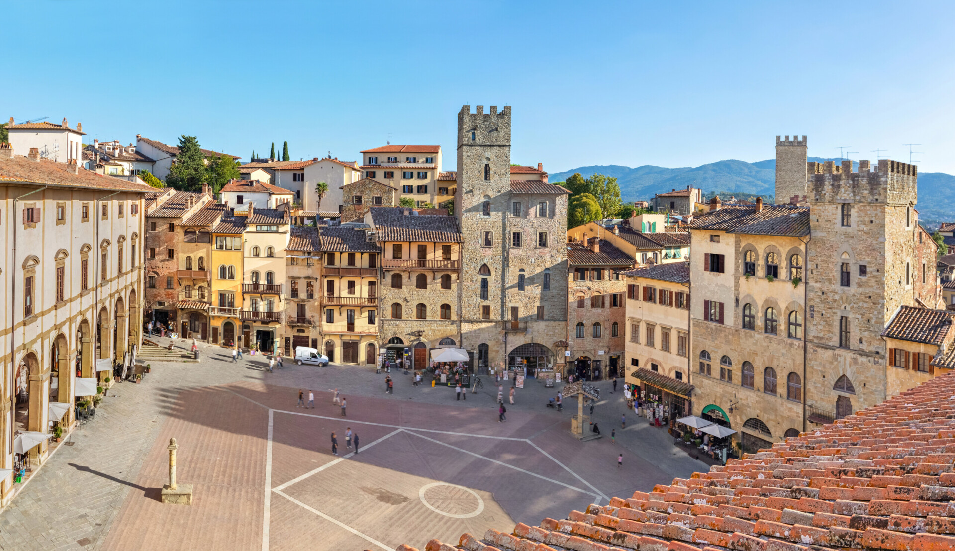 Panoramic aerial view of Piazza Grande square in Arezzo, Tuscany, Italy