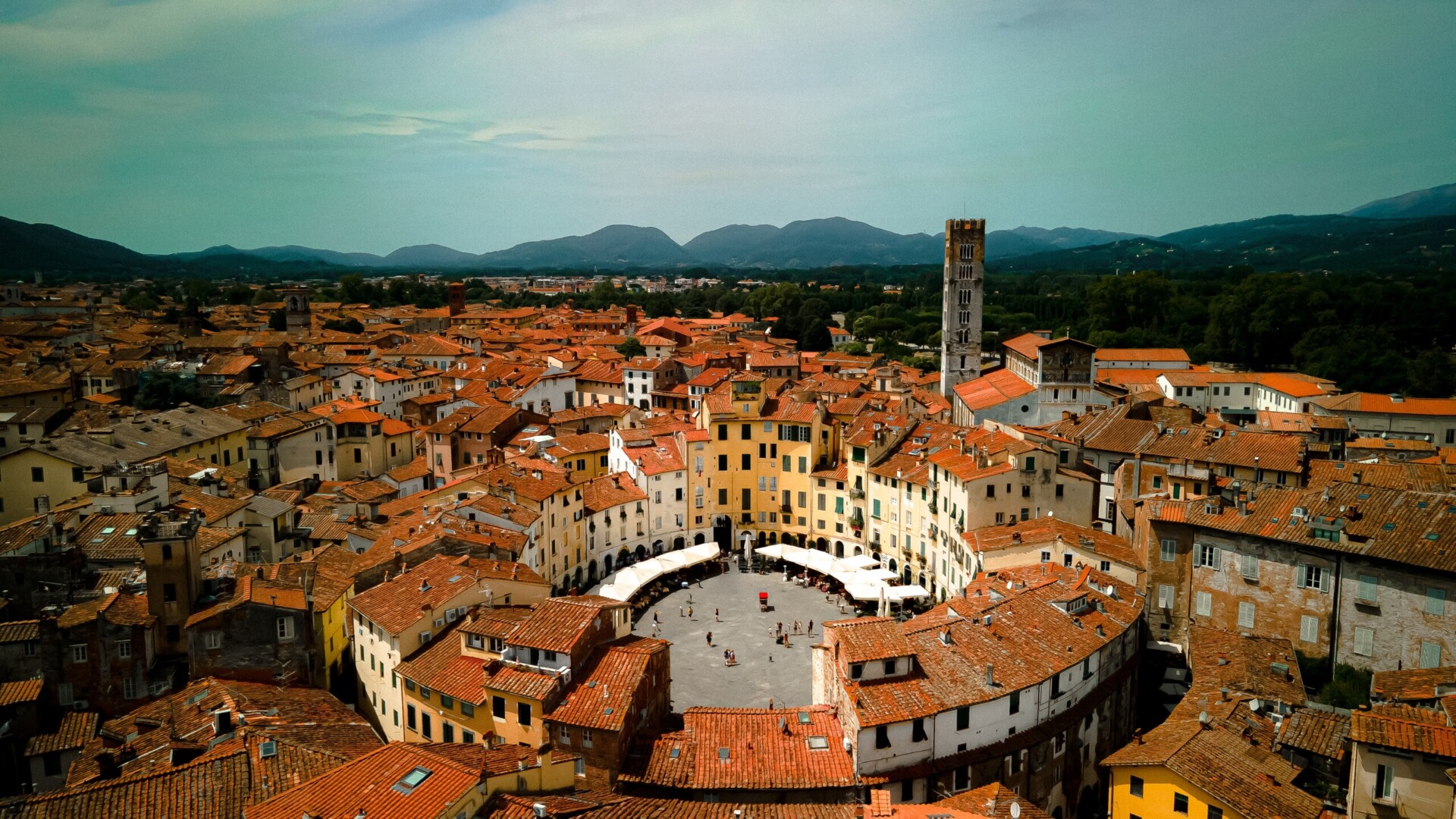 Aerial view of the main square Piazza Dell Anfiteatro in Lucca, Tuscany, Italy