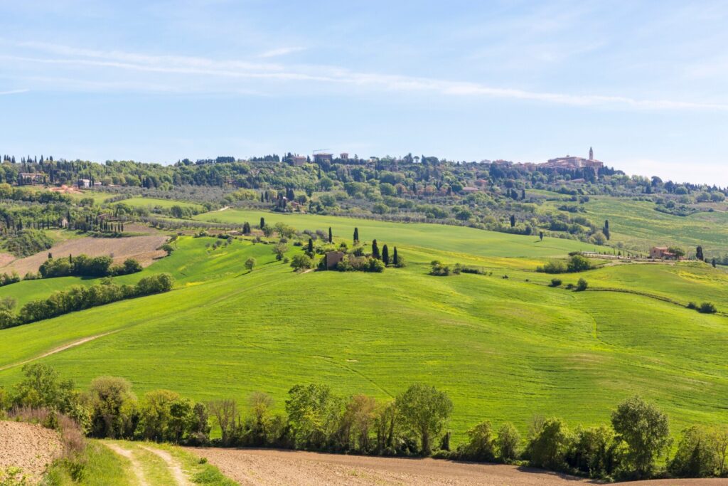 View of the Tuscan countryside with the village of Pienza on the hill
