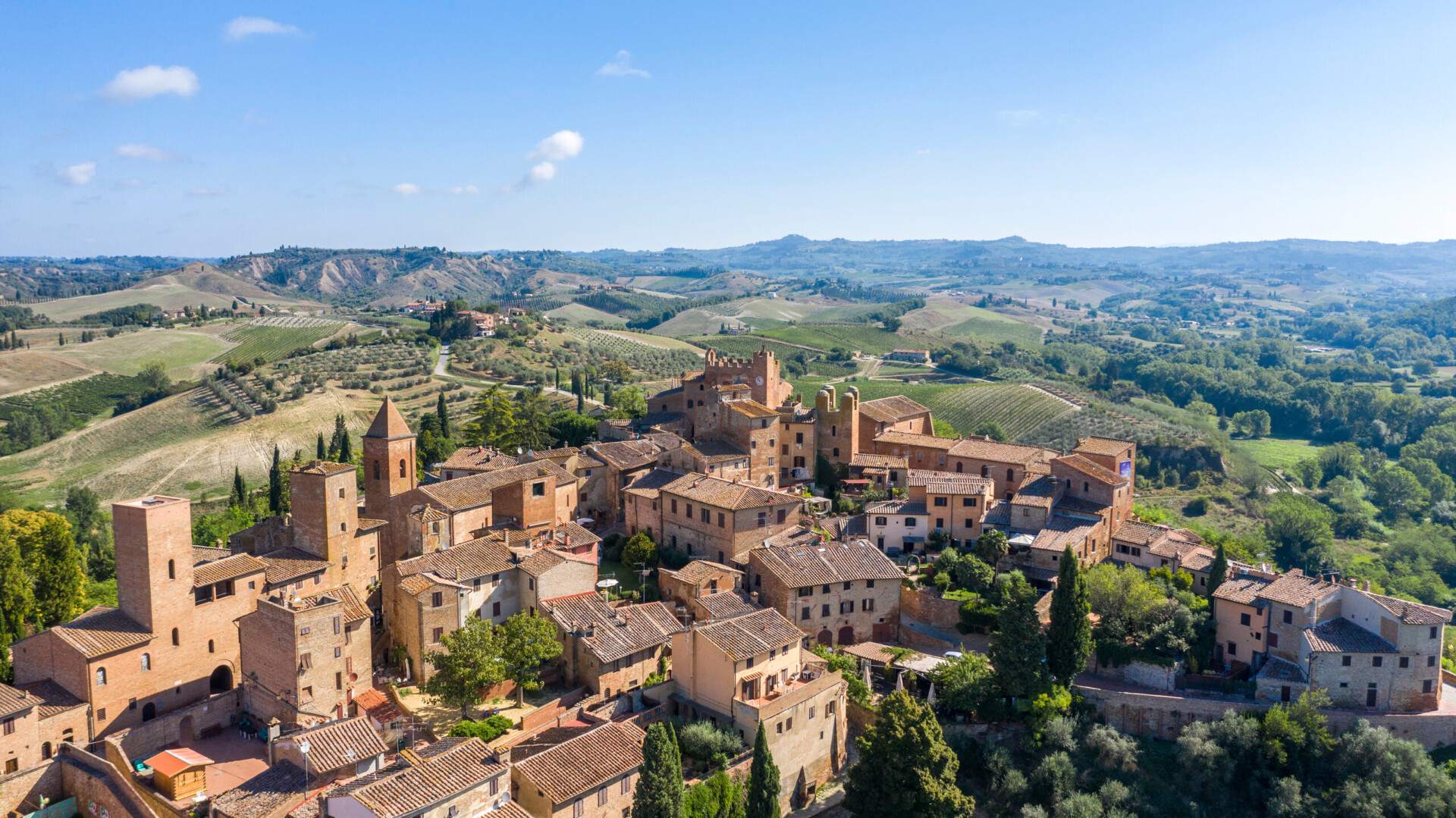 aerial view of the medieval town of Certaldo. tuscany Italy