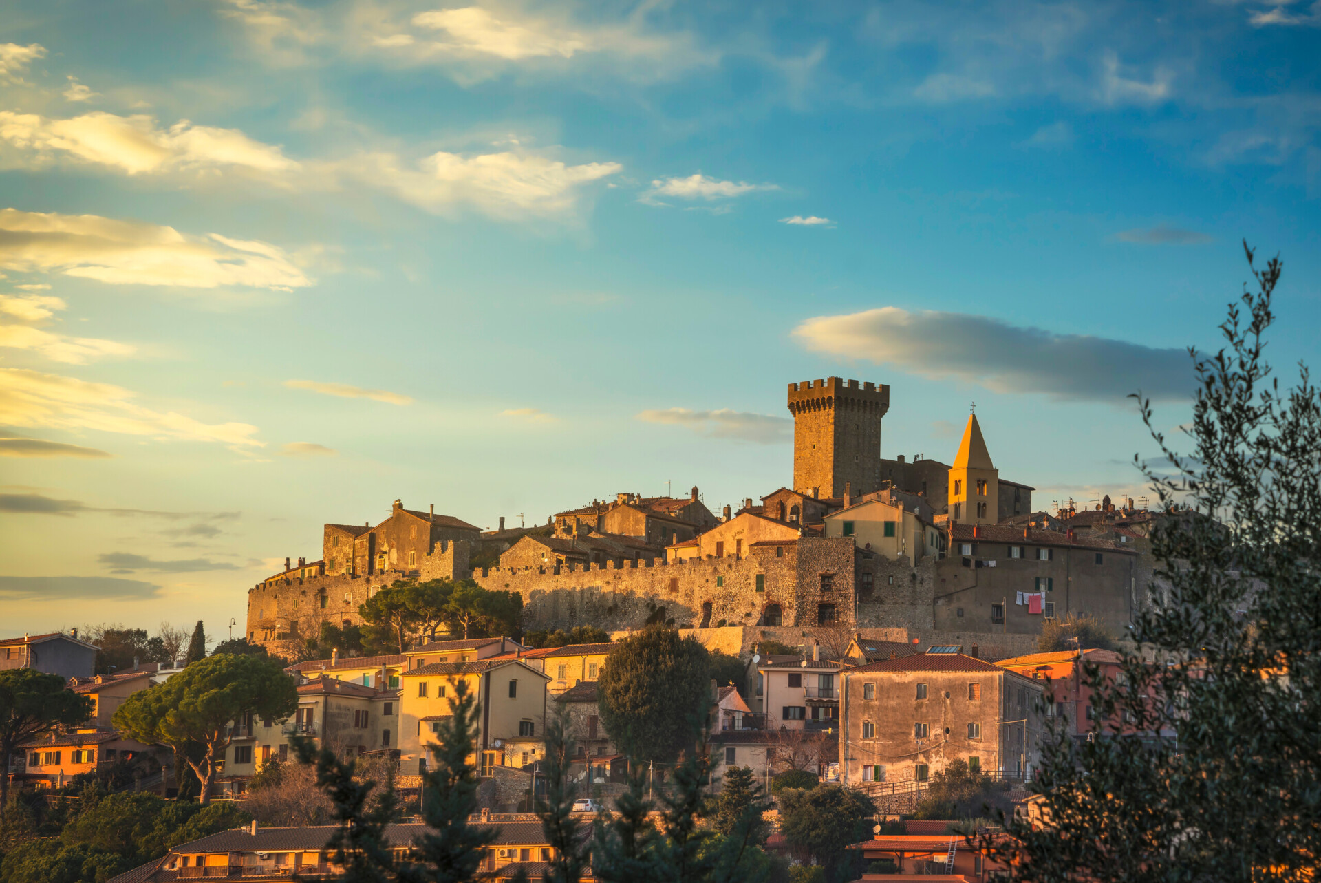 Capalbio medieval village skyline at sunset. Maremma Tuscany Italy Europe