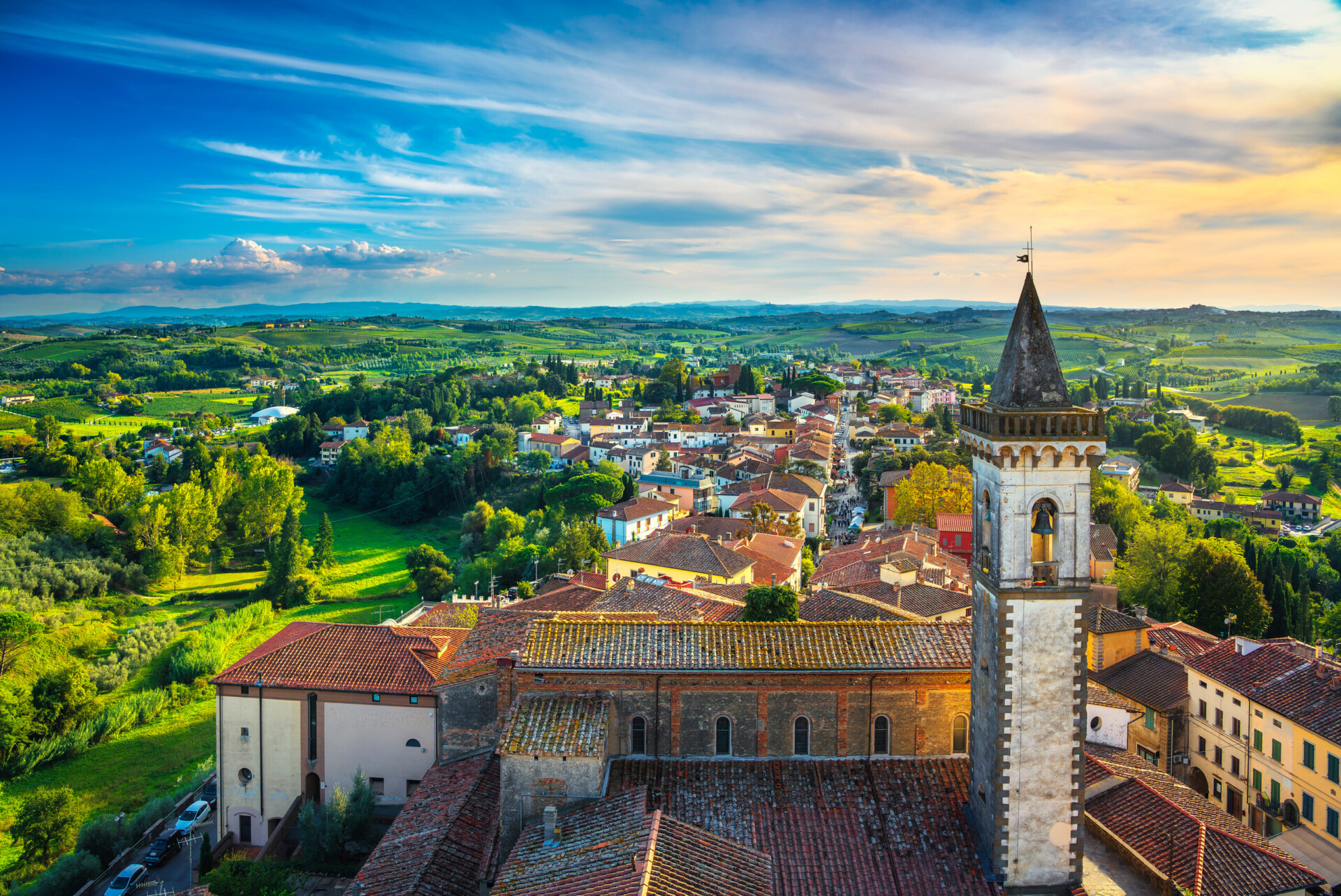 Vinci village, Leonardo birthplace, aerial view and bell tower of the church. Florence, Tuscany Italy Europe