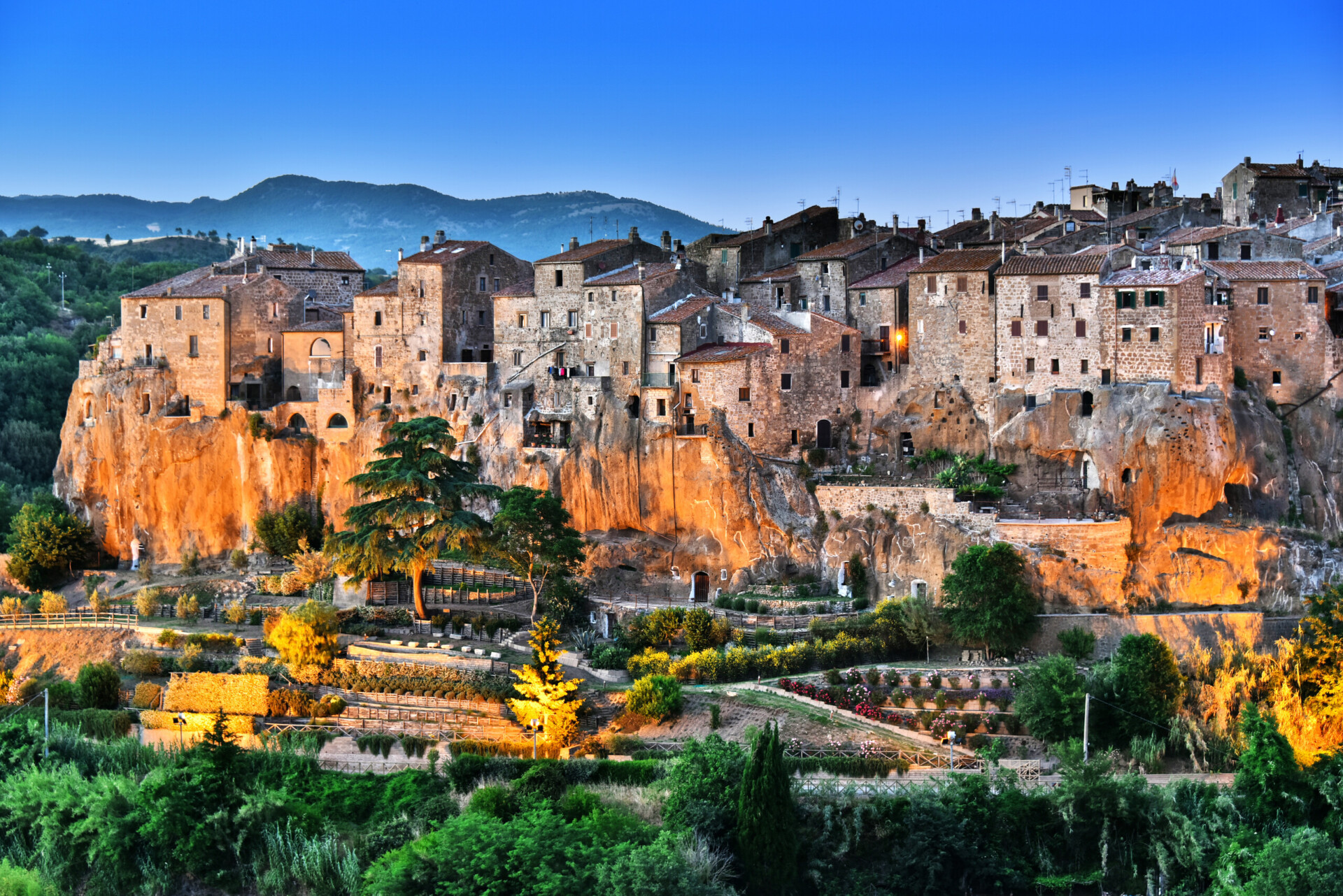 City of Pitigliano in Tuscany, Italy after sunset.