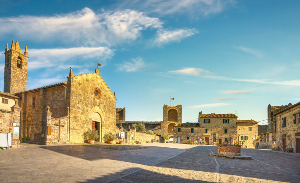 Main square in Monteriggioni medieval fortified on the route of the via francigena, Siena, Tuscany. Italy Europe.