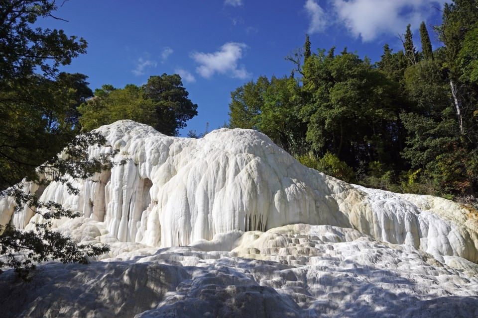 BAGNI SAN FILIPPO, SIENA, ITALY , the hot, calcareous and sulphurous water of the natural thermal springs form spectacular white waterfalls in Bagni San Filippo, near Siena, Italy                