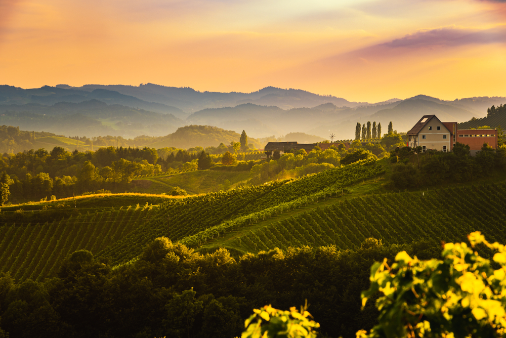Widok ze słynnej ulicy wina w południowej styrii, Austria na Toskanii jak wzgórza winnic. Cel turystyczny