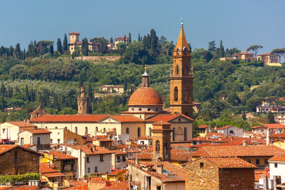 Oltrarno, View of Oltrarno, Giardino Torrigiani and church Santo Spirito at morning from Palazzo Vecchio in Florence, Tuscany, Italy