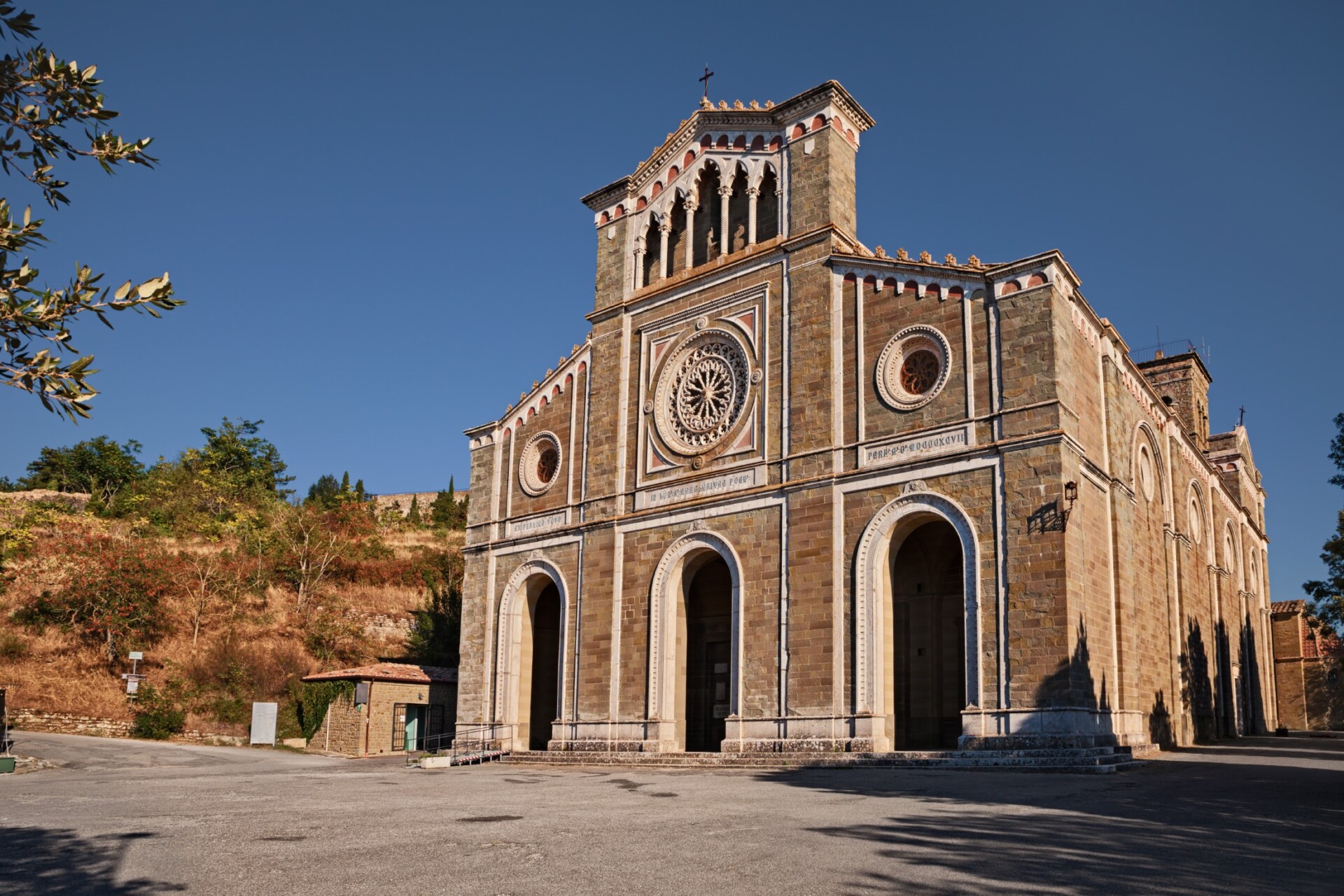 Cortona, Arezzo, Tuscany, Italy: the Basilica of Santa Margherita, neo-gothic style, Roman Catholic church, located on the hilltop of the ancient Tuscan town 