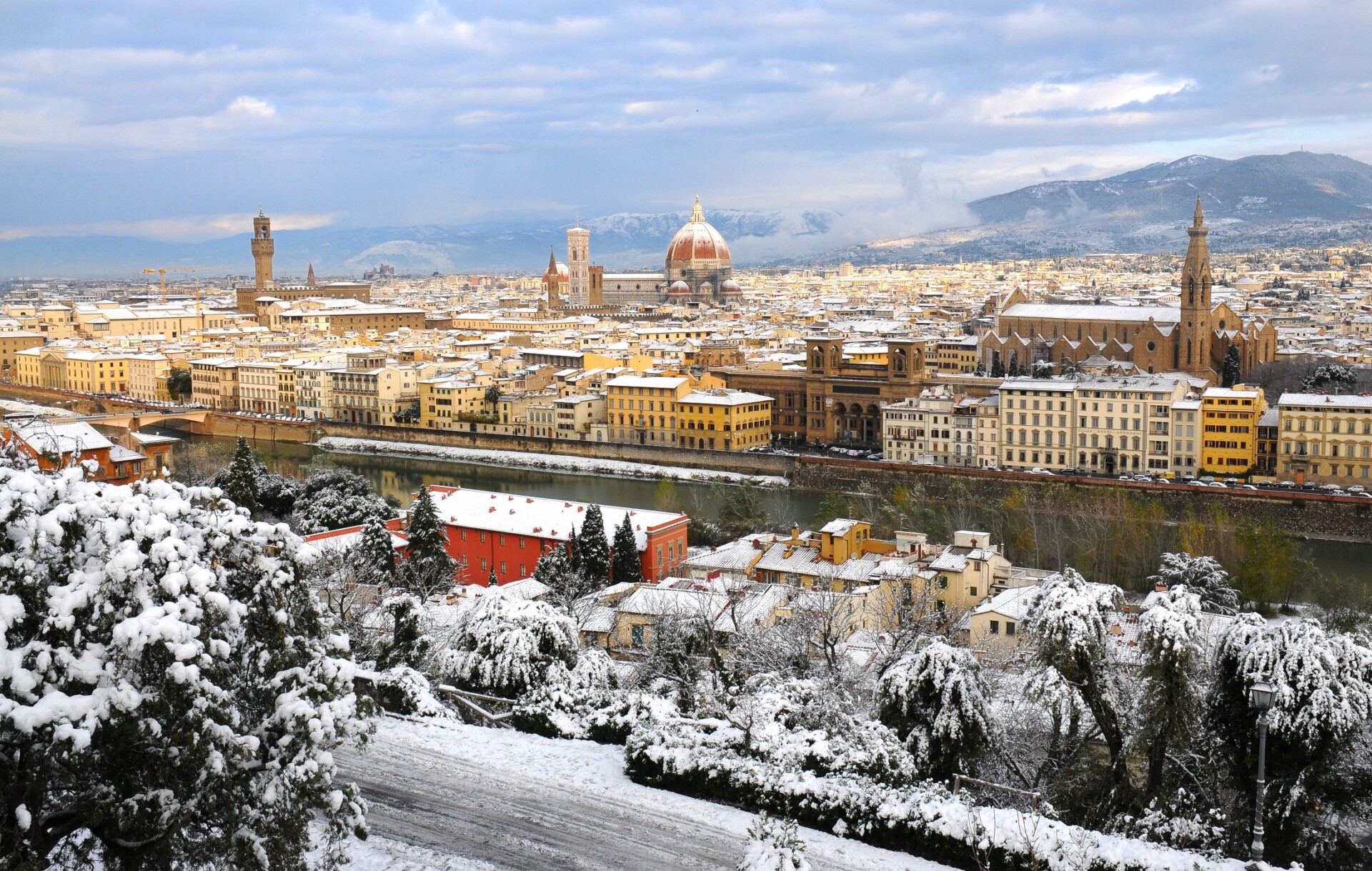Florencja zimą, Panorama of Florence with Snow in Winter, Florence, Tuscany, Italy