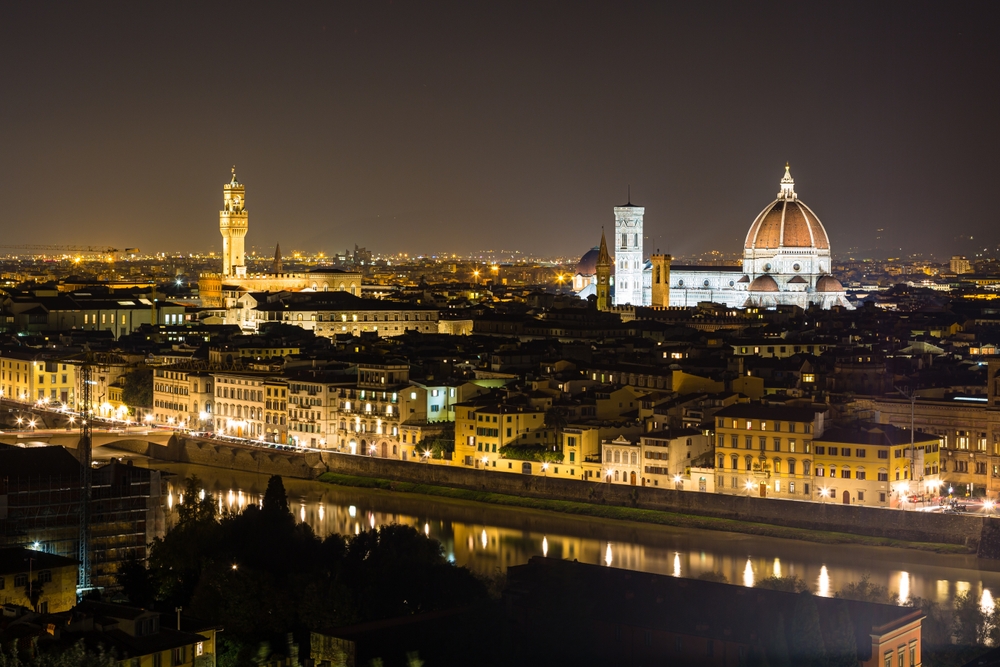 The night view of Florence and the illuminated Duomo seen from Piazzale Michelangelo, Italy
